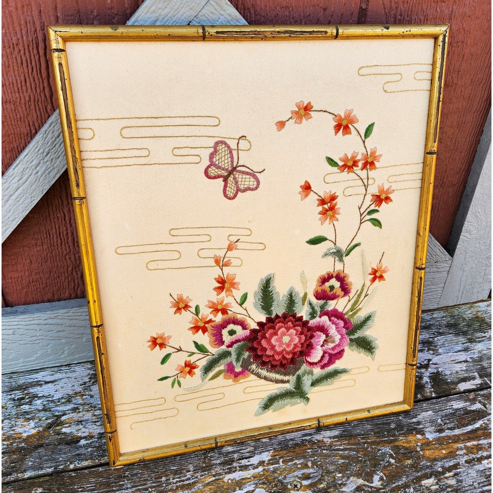 Vintage 1985 Hand Embroidered Floral Art Faux Bamboo Frame Chinoiserie Butterfly